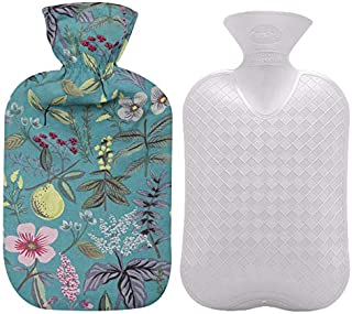 Fashy Hot Water Bottle with Flower Pattern Cotton Cover (Blue, 67oz)