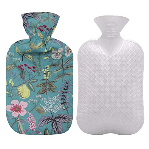 Fashy Hot Water Bottle with Flower Pattern Cotton Cover (Blue, 67oz)