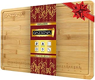 CAZZOVA Organic Bamboo Cutting Board EXTRA LARGE with RULER and Juice Groove, 18 x 12 Inch - Kitchen Wood Butcher Block for Meat & Cheese- Chopping- Charcuterie Board- Wooden Serving Tray w/ Handles