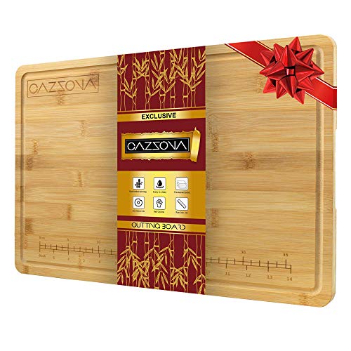 CAZZOVA Organic Bamboo Cutting Board EXTRA LARGE with RULER and Juice Groove, 18 x 12 Inch - Kitchen Wood Butcher Block for Meat & Cheese- Chopping- Charcuterie Board- Wooden Serving Tray w/ Handles