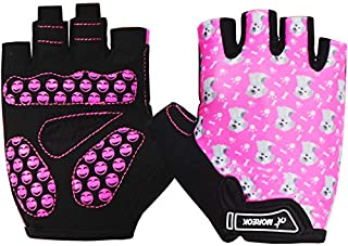 MOREOK Kids Cycling Gloves,Gel Padding Bicycle Half Finger Pair Dog Bars, Fit Boy Girl Youth Age 2-11, Outdoor Sport Road Mountain Bike Gloves Pink-M