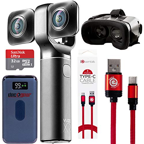 Vuze XR 4K 3D Dual VR 360 Camera with Deco Gear 4-Piece Virtual Reality Kit, 360-Degree Camera, Type-C Charge Sync Cable, 32GB Class 10 SD Memory Card, 8000 mAh Powerbank, VR Goggles (Black)