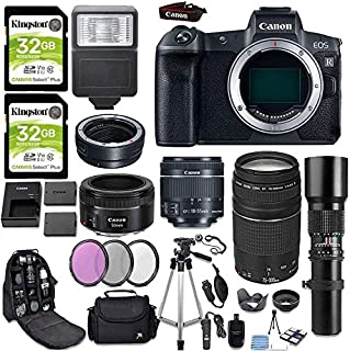 Canon EOS R Full Frame Mirrorless Digital Camera Body with Mount Adapter + (4) Canon Lenses + Slave Flash + 50 inch Tripod + Deluxe Accessory Bundle