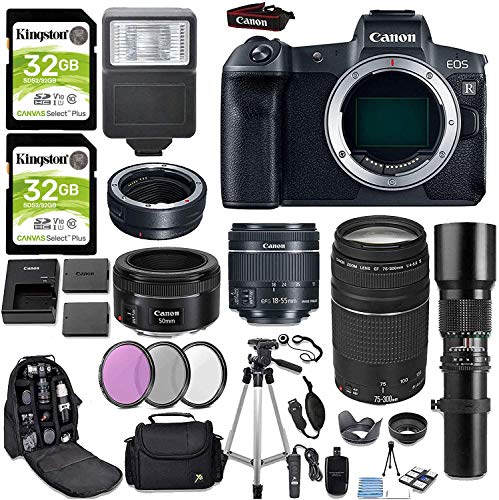 Canon EOS R Full Frame Mirrorless Digital Camera Body with Mount Adapter + (4) Canon Lenses + Slave Flash + 50 inch Tripod + Deluxe Accessory Bundle