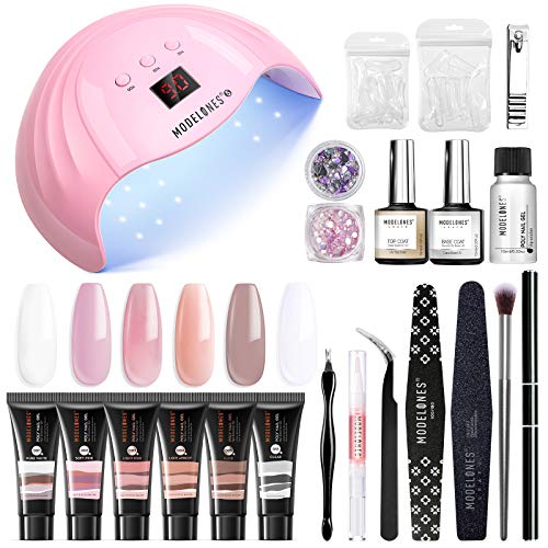 Modelones Poly Extension Gel Nail Kit - 6 Colors with 48W Nail Light Nail Lamp Slip Solution Rhinestones Glitter All In One Kit for Nail Manicure Beginner Starter Kit DIY at Home