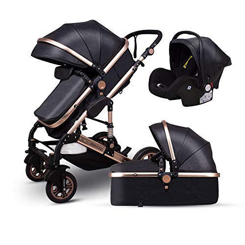 Anti-Shock Luxury Baby Stroller 3 in 1,Babyfond Convertible Bassinet to Toddler Stroller,Reinforced Frame for Safety,Vista Pram,Quick Fold Baby Carriage(2020 Upgraded Version Black PU)