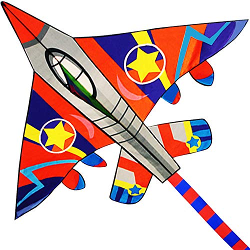 HONBO Huge Fighter Plane Kite for Kids and Adults- 58 Wide with Long Tail- Easy Flyer - Kit Line and Swivel Included-