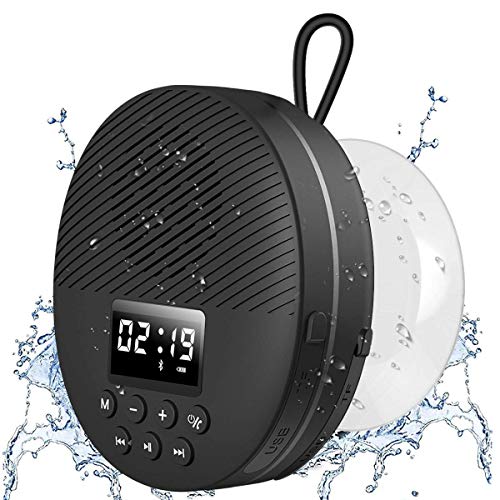 Shower Radio Speaker with Bluetooth 5.0, AGPTEK Waterproof Wireless Bathroom FM with Suction Cup 12H Long Playback Time, Lanyard, LCD Screen Display, Handsfree Calling, SD Card Playback Black