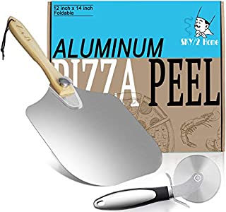 Upgraded Aluminum Metal Pizza Peel With Foldable Wood Handle, Easy Storage Pizza Spatula 12 x 14-Inch Pizza Paddle for Baking Homemade Pizza Bread