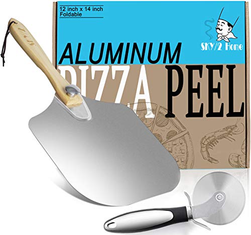 Upgraded Aluminum Metal Pizza Peel With Foldable Wood Handle, Easy Storage Pizza Spatula 12 x 14-Inch Pizza Paddle for Baking Homemade Pizza Bread
