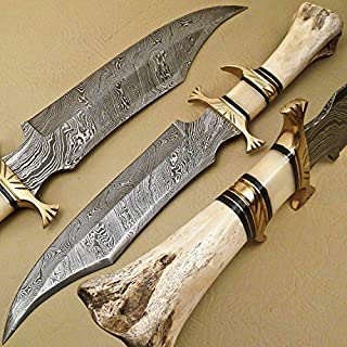 Damascus Steel Hunting Knife - Fixed Blade Knives with Sheath - Firm Grip Handle Made of Camel Bone