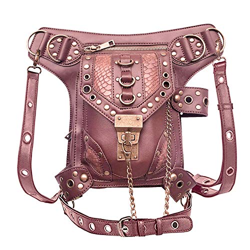 Steampunk Leather Crossbody Shoulder Tote Handbag Messenger Gothic Waist Bag Fanny Pack Motorcycle Drop Leg Bag Hip Holster Belt Purse Pouch Chain Travel Wallet for Women Men