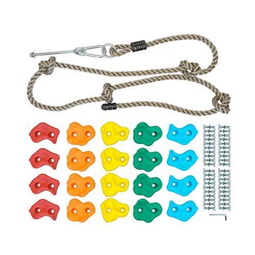 Play N Laughter 20 Assorted Kids Climbing Rock Holds with Knotted Rope Kit - Mounting Hardware Included for Installation up to 1