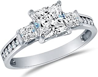 Size 9.5 - Solid 925 Sterling Silver CZ Cubic Zirconia 3 Three Stone Engagement Ring - Princess Cut Solitaire with Round Side Stones (1.75cttw., 1.5ct. Center) - With Elegant Ring Box