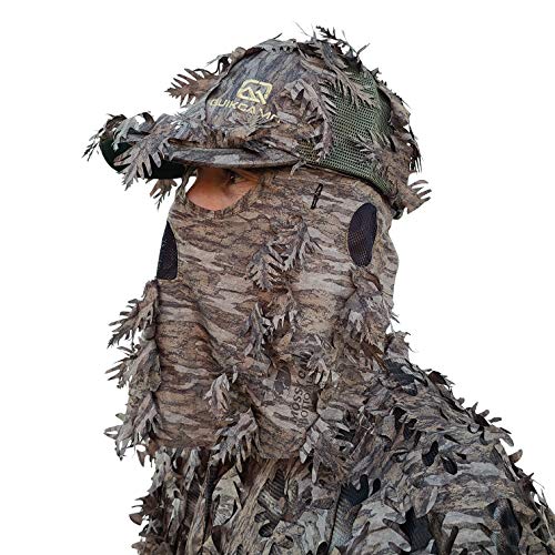 QuikCamo Mossy Oak New Bottomland Camo Hat with Built-in 3D Leafy Face Mask, Turkey Hunting Gear for Ghillie Suits and Bowhunting (Adjustable, One Size Fits Most)