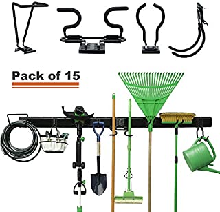 Wallmaster Tool Organizer 15-PCS Garage Storage Systems Wall Mounted Removable Rack Organizer Adjustable Organization Hooks Hanger for Rake Shovel Lawn Garden Tools (80inch Rail, 10 Hooks)