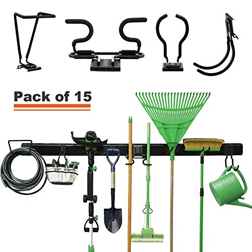 Wallmaster Tool Organizer 15-PCS Garage Storage Systems Wall Mounted Removable Rack Organizer Adjustable Organization Hooks Hanger for Rake Shovel Lawn Garden Tools (80inch Rail, 10 Hooks)