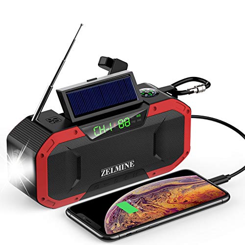 Emergency Weather Radio, 5000mAh Portable Hand Crank NOAA Radio, Solar FM AM Radio IPX5 Waterproof, Cell Phone Power Bank and Player, Radio for Outdoor Camping with SOS Alarm, Compass, Flashlight