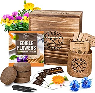 Edible Flowers Indoor Garden Seed Starter Kit - Non-GMO Heirloom Seeds for Planting, Soil, Burlap Pots, Plant Markers, Trimmers, Wood Gift Box, DIY Growing Kits, Home Gardening Gifts for Plant Lovers