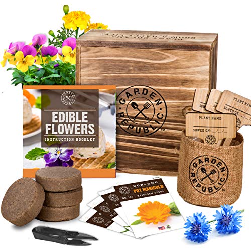 Edible Flowers Indoor Garden Seed Starter Kit - Non-GMO Heirloom Seeds for Planting, Soil, Burlap Pots, Plant Markers, Trimmers, Wood Gift Box, DIY Growing Kits, Home Gardening Gifts for Plant Lovers