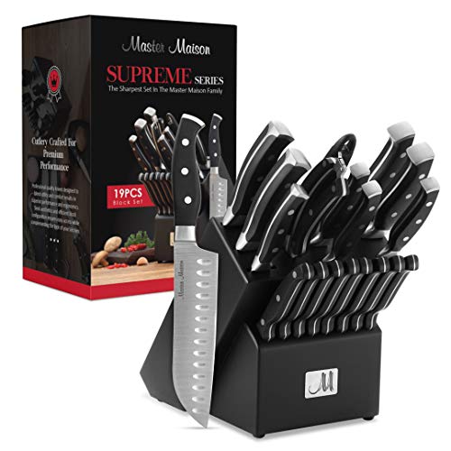 19-Piece Premium Kitchen Knife Set With Wooden Block | Master Maison German Stainless Steel Cutlery With Knife Sharpener & 8 Steak Knives