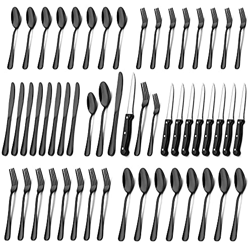 Black Silverware Set, Umite Chef 24 Piece Stainless Steel Flatware Set, Kitchen Cutlery Set Service for 4, Tableware Eating Utensil Set with Steak Knives for Home and Restaurant, Dishwasher Safe