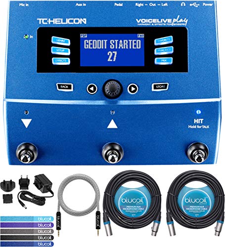 TC Helicon VoiceLive Play Vocal Effects Pedal Bundle with 12V 400mA DC Power Supply, Blucoil 2-Pack of 20-FT Balanced XLR Cables, 5-FT Audio Aux Cable, and 5-Pack of Reusable Cable Ties