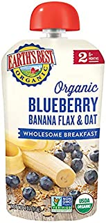 Earth's Best Organic Stage 2 Breakfast Baby Food, Blueberry Banana Flax & Oat, 4 Oz Pouch (Pack of 12)