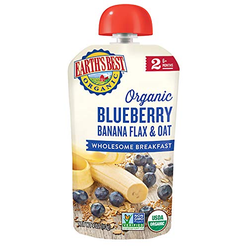 Earth's Best Organic Stage 2 Breakfast Baby Food, Blueberry Banana Flax & Oat, 4 Oz Pouch (Pack of 12)