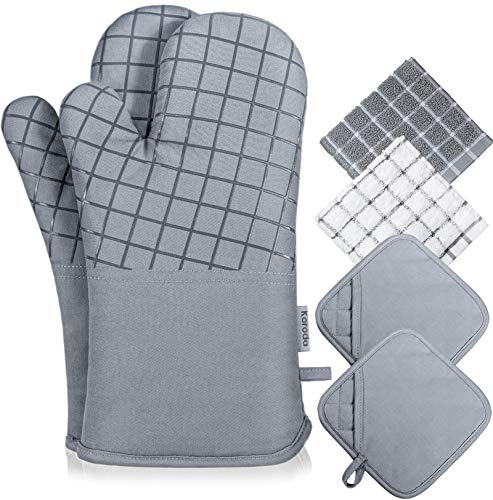 Koroda Oven Mitts and Pot Holders Sets: 550°F High Heat Resistant Oven Mitts with Kitchen Towels Thick Cotton Oven Gloves with Non-Slip Silicone for Cooking and Baking (6Pcs, Grey)