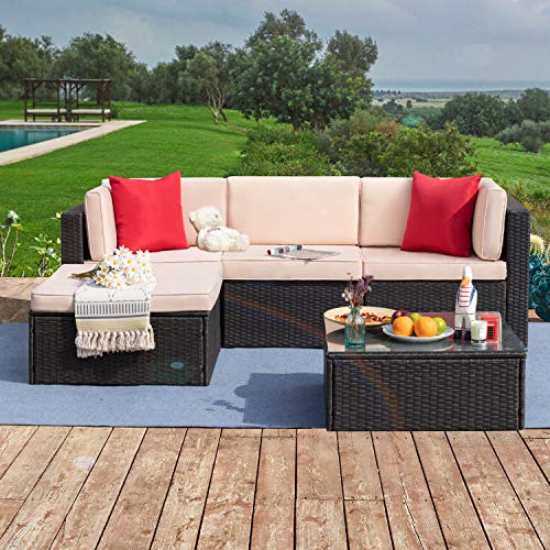 Tuoze 5 Pieces Patio Furniture Sectional Set Outdoor PE Rattan Wicker Lawn Conversation Sets Cushioned Garden Sofa Set with Glass Coffee Table (Beige)