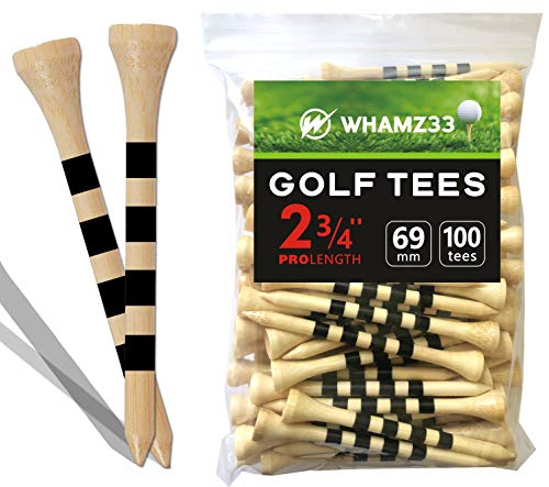 whamz33 Professional Bamboo Golf Tee 2-3/4 inch or 3-1/4 inch Pack of 100, Reduce Friction & Side Spin, Durable & Stable Biodegradable Golf Tees (Natural, 3 1/4 inch)