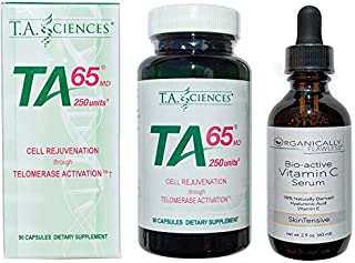 T.A. Sciences TA65 90 Capsules 250 Units Includes a Free Bottle of Organically Flawless Premium Vitamin C Serum 2 fl oz 60 ml for Face