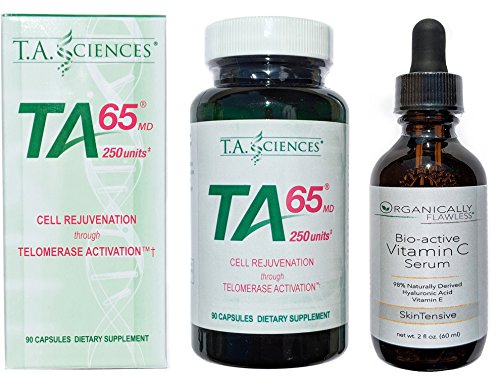 T.A. Sciences TA65 90 Capsules 250 Units Includes a Free Bottle of Organically Flawless Premium Vitamin C Serum 2 fl oz 60 ml for Face