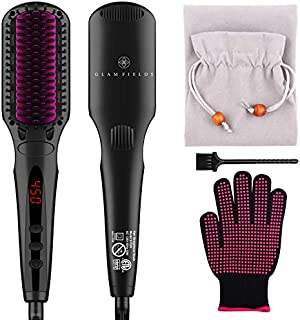 Ionic Hair Straightener Brush Upgrade 2.0,GLAMFIELDS Electrical Heated Hair Straightening with Faster Heating, MCH Ceramic Technology, Auto Temperature Lock, Anti Scald, Heat Resistant Glove(Black-01)