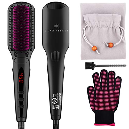 Ionic Hair Straightener Brush Upgrade 2.0,GLAMFIELDS Electrical Heated Hair Straightening with Faster Heating, MCH Ceramic Technology, Auto Temperature Lock, Anti Scald, Heat Resistant Glove(Black-01)