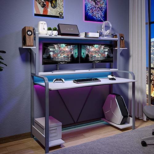 Sedeta Computer Desk with Hutch and Storage Shelves, 55'' Gaming Desk, Large PC Gamer Desk Workstation with Monitor Stand, Gaming Table for Bedroom, Studying Writing Table for Home Office, White