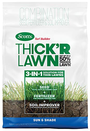Scotts Turf Builder Thick'R Lawn Sun & Shade - 3 in 1 Lawn Fertilizer, Seed, & Soil Improver for a Thicker, Greener Lawn, Seeds up to 4,000 Sq Ft, 40 Lb