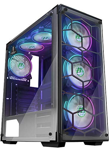 MUSETEX Phantom Black ATX Mid-Tower Case with USB3.0 and 6pcs 120mm ARGB Fans Pre-Installed, Tempered Glass Panels Gaming PC Case Computer Chassis907-W6