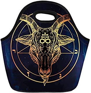 Semtomn Lunch Bags Pentagram Demon Baphomet Satanic Goat Head Binary Symbol Tattoo Neoprene Lunch Bag Lunchbox Tote Bag Portable Picnic Bag Cooler Bag