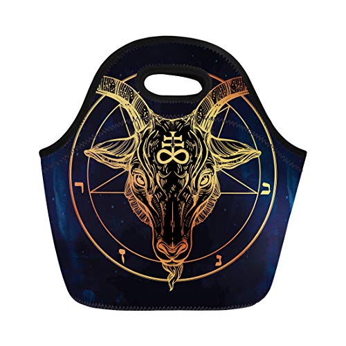 Semtomn Lunch Bags Pentagram Demon Baphomet Satanic Goat Head Binary Symbol Tattoo Neoprene Lunch Bag Lunchbox Tote Bag Portable Picnic Bag Cooler Bag