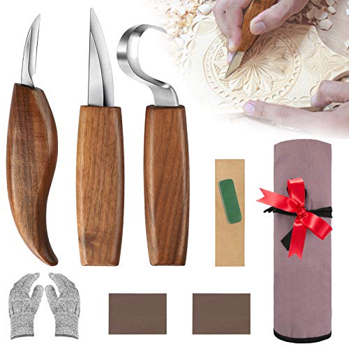 Wood Carving Tools for Beginners, Wood Carving Kit with Carving Hook Knife, Whittling Knife, Chip Carving Knife, Gloves, Carving Knife Sharpener for Spoon Bowl Kuksa Cup, Tool Gift for Men Dad Husband