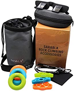 Sarabi.K Rock Climbing Gift Set: Climbing Chalk Bag + Belay Glasses with Neck String, Cleaning Cloth and Case + 6pc Hand Grip Strengthener Set, Ideal as Rock Climber Gift