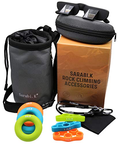 Sarabi.K Rock Climbing Gift Set: Climbing Chalk Bag + Belay Glasses with Neck String, Cleaning Cloth and Case + 6pc Hand Grip Strengthener Set, Ideal as Rock Climber Gift