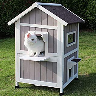 ROCKEVER Feral Cat Shelter Outdoor with Escape Door Rainproof Outside Cat House Two Story for Three-Four Cats with Two Mat Color Grey