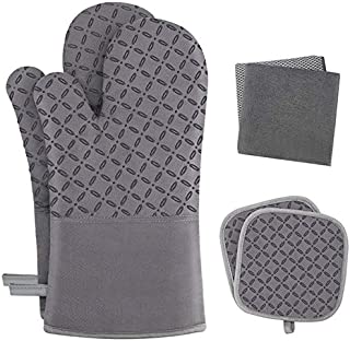 KEGOUU Oven Mitts and Pot Holders 6pcs Set, Kitchen Oven Glove High Heat Resistant 500 Degree Extra Long Oven Mitts and Potholder with Non-Slip Silicone Surface for Cooking (Gray)