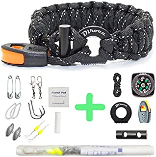 Paracord Bracelet Survival Gear | 550 Premium Black Reflective Parachute | First Aid Kit 19 in 1 Compass, Fire Starter, Knife, Whistle, Rescue Rope & Fishing Tools - Outdoor Hiking Camping Hunting