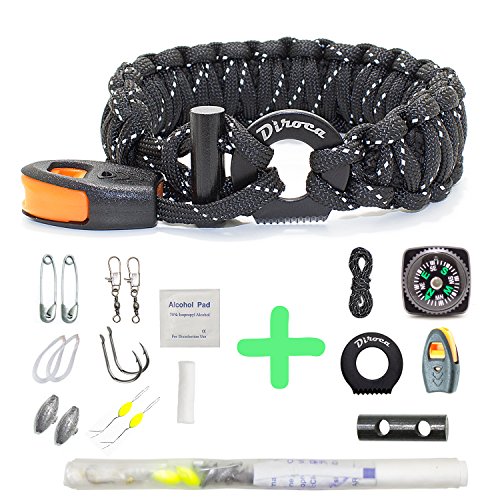 Paracord Bracelet Survival Gear | 550 Premium Black Reflective Parachute | First Aid Kit 19 in 1 Compass, Fire Starter, Knife, Whistle, Rescue Rope & Fishing Tools - Outdoor Hiking Camping Hunting