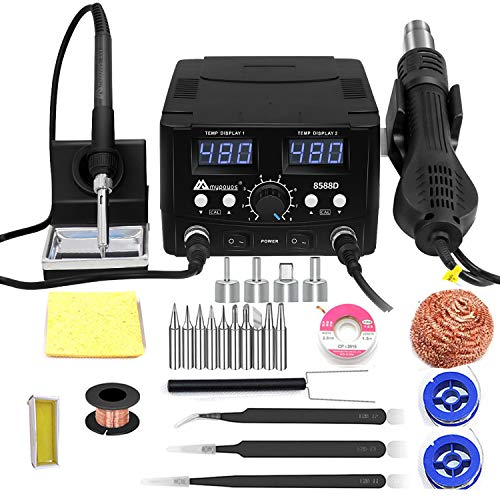 MYPOVOS 2 IN 1 750W LED Digital Soldering Station Hot Air Gun Rework Station Electric Soldering Iron For Phone PCB IC SMD BGA Welding SET 110V (8588D SET1)