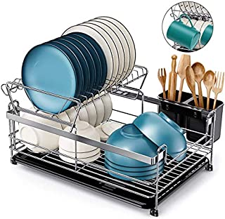 Homemaxs Dish Drying Rack,2020 Newest 2 Tier Small Kitchen Dish Rack and Drainboard Set, 304 Stainless Steel 17